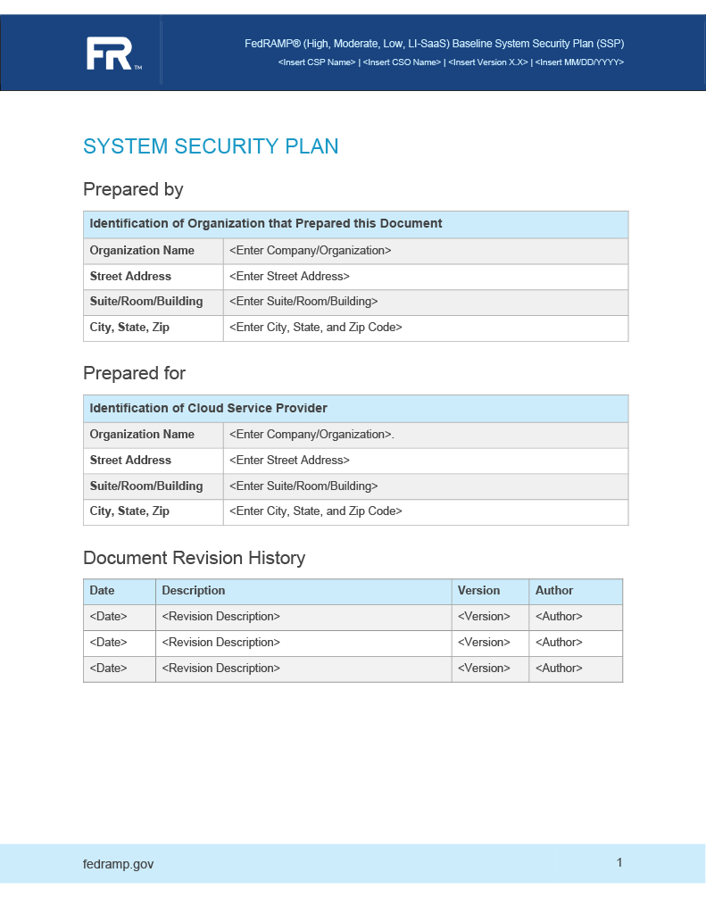 system security plan prepared by, prepared for page image