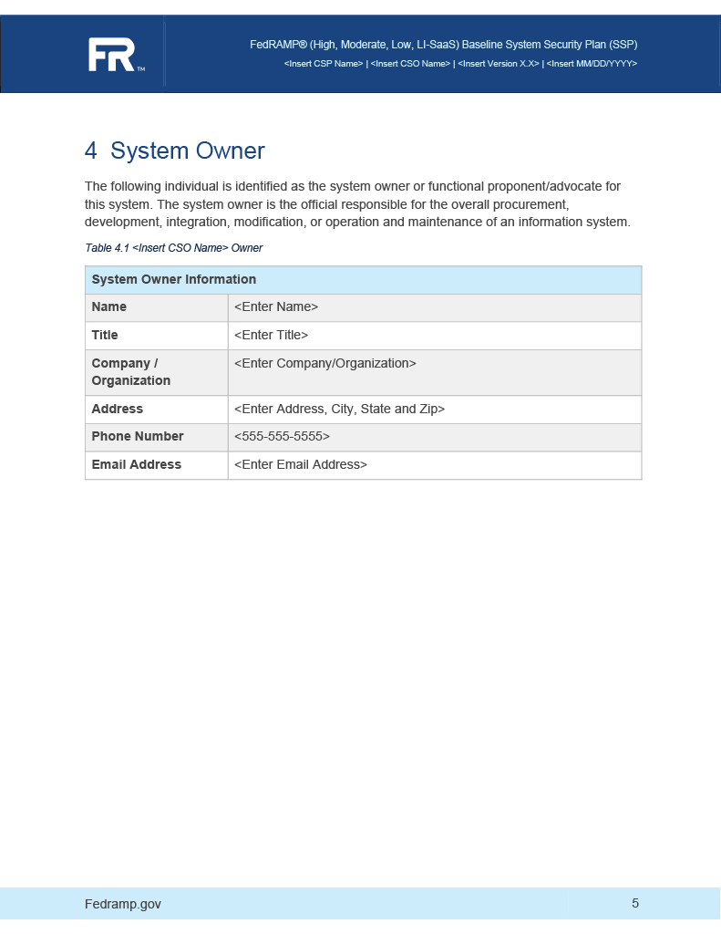 system security plan system owner page image